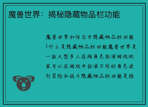 魔兽世界：揭秘隐藏物品栏功能