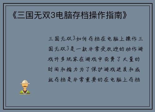 《三国无双3电脑存档操作指南》