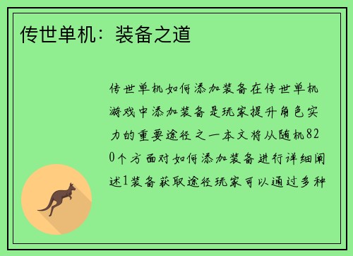 传世单机：装备之道